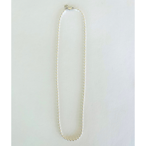 Jai Style simple, elegant, 18" handmade solid sterling silver 4mm rice pearl necklace with lobster clasp and Jai Style embossed charm.