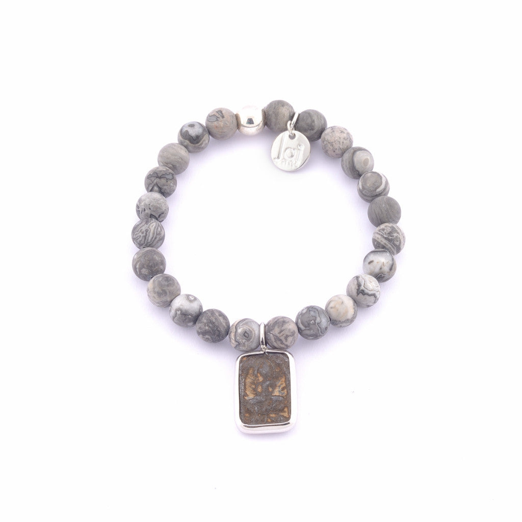 Jai Style Bracelet | Matte Grey Map Semi-Precious Stones with Sterling Silver Bead and Authentic Thai Amulet