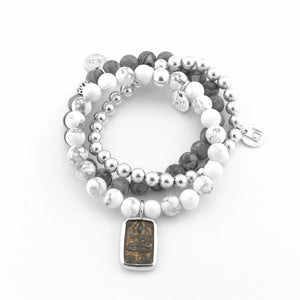 Jai Style Bracelet Stack | Matte Grey Map Semi-Precious Stones, Polished White Howlite Semi-Precious Stones, Authentic Thai Amulet, Sterling Silver Ball Bead
