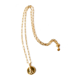 Beautiful traditional Thai amulet in 22K gold vermeil on 24" gold paper clip chain with lobster clasp and gold hand-pressed Jai Style charm. Wear it for beauty and purpose. Amulet features Buddha meditating in lotus position, inspiring mindfulness, purity, enlightenment, rebirth, and triumph over adversity.