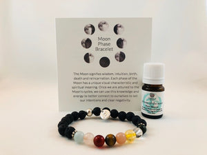 Beautiful Jai Style lava stone blessing bracelet is adorned with 8 unique semi-precious stones representing each phase of the Moon's cycle. Use your bracelet and essential oil to connect to the Moon's phases and harness its energy in your spiritual practice. Adorned with sterling silver ball bead and charm, stretch, measures 18.4 cm.