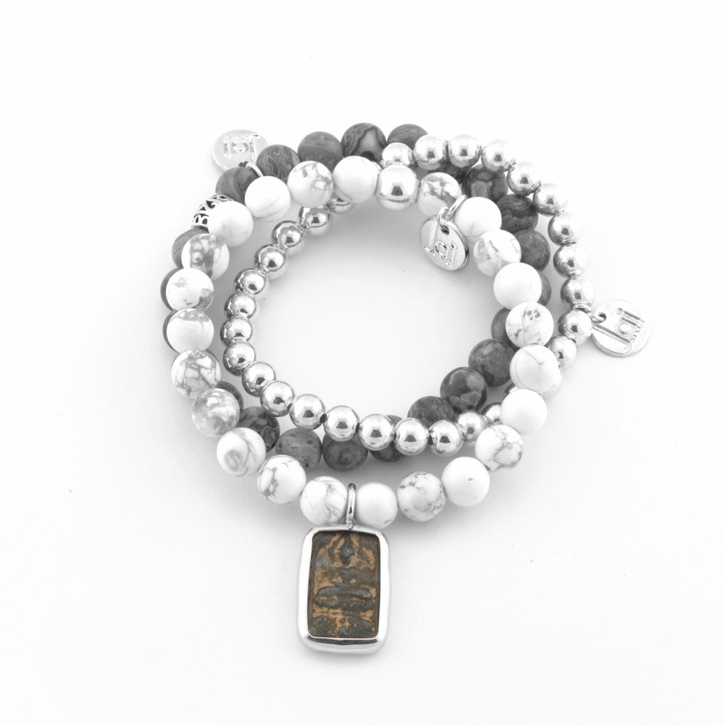 Jai Style Bracelet Stack | White Howlite with Authentic Thai Amulet; Grey Map with Sterling Silver Ball; 6mm Sterling Silver Ball Bead
