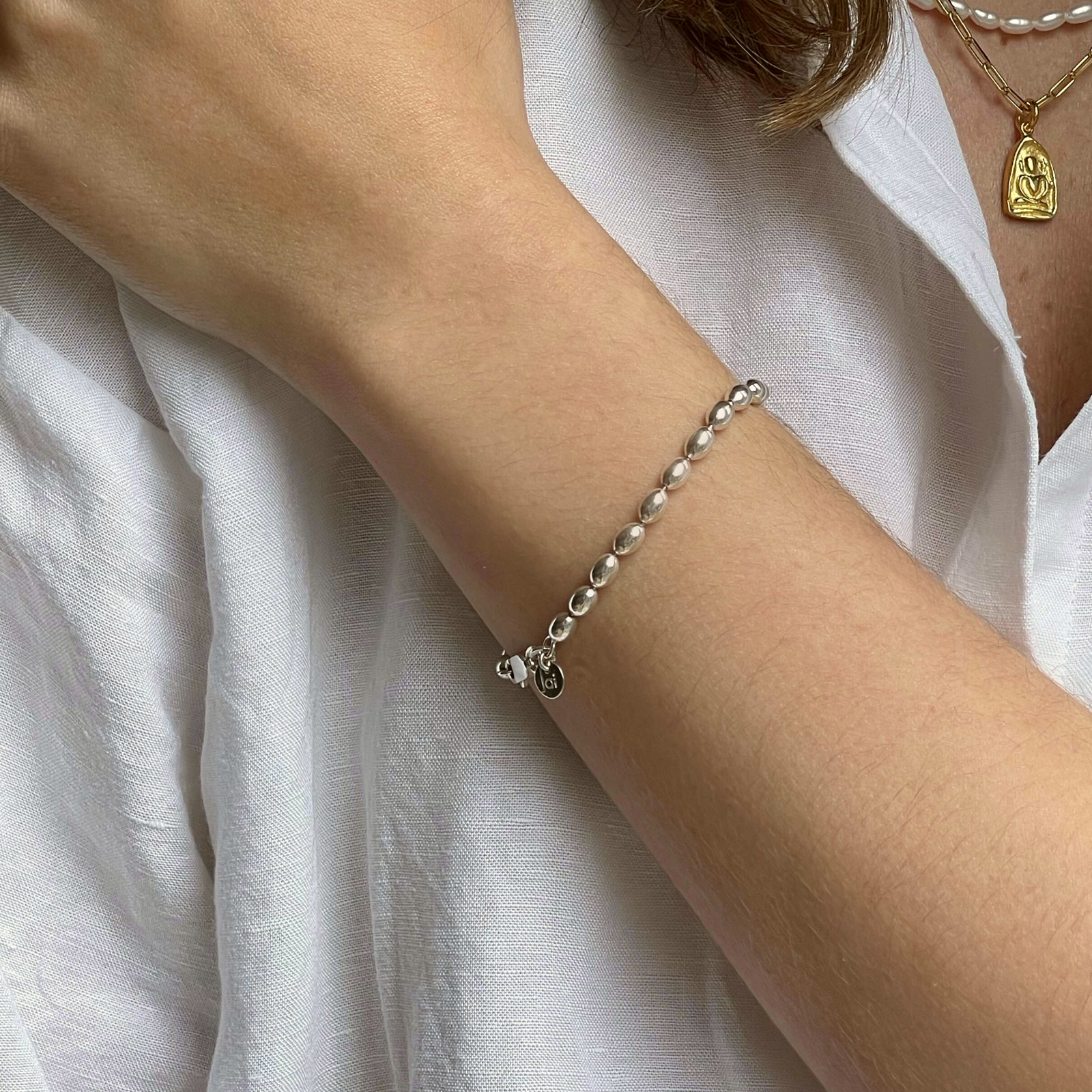 4mm Rice Pearl Bracelet, Sterling Silver