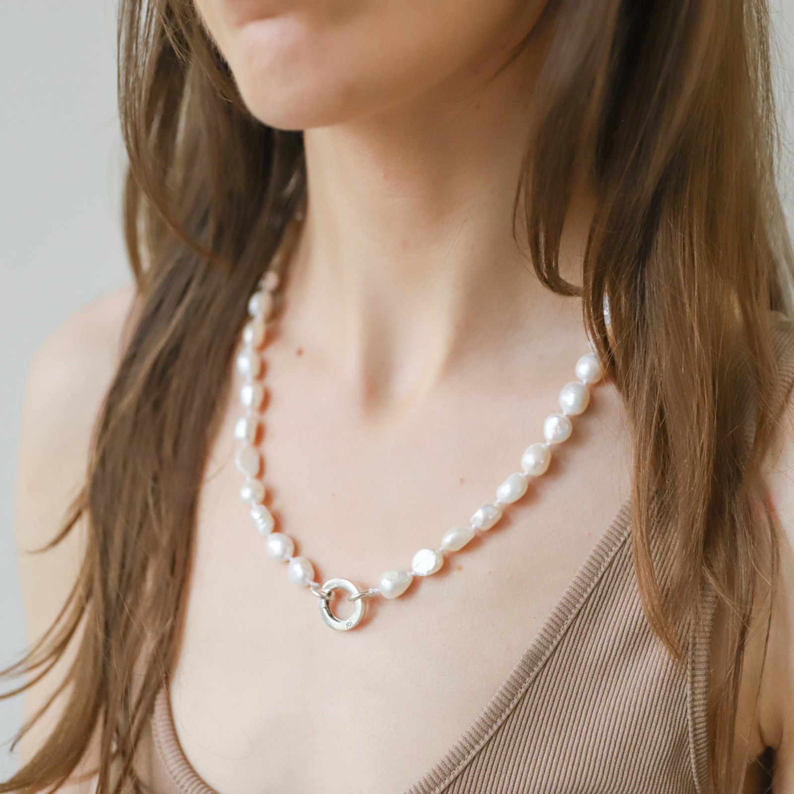 Freshwater Pearl Necklace with Charm Ring, Hand-Knotted, 20"