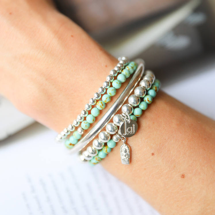 Jai Style | 4mm Turquoise Bracelets with Sterling Silver Beads and Amulet