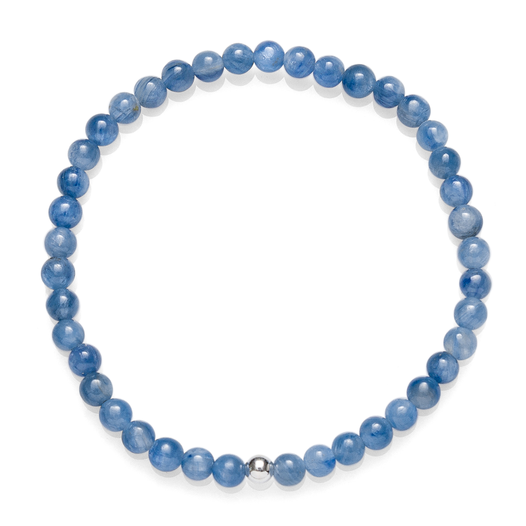 Women's 4mm polished kyanite semi-precious stone bracelet with sterling silver  bead, stretch, measures 18.4 cm