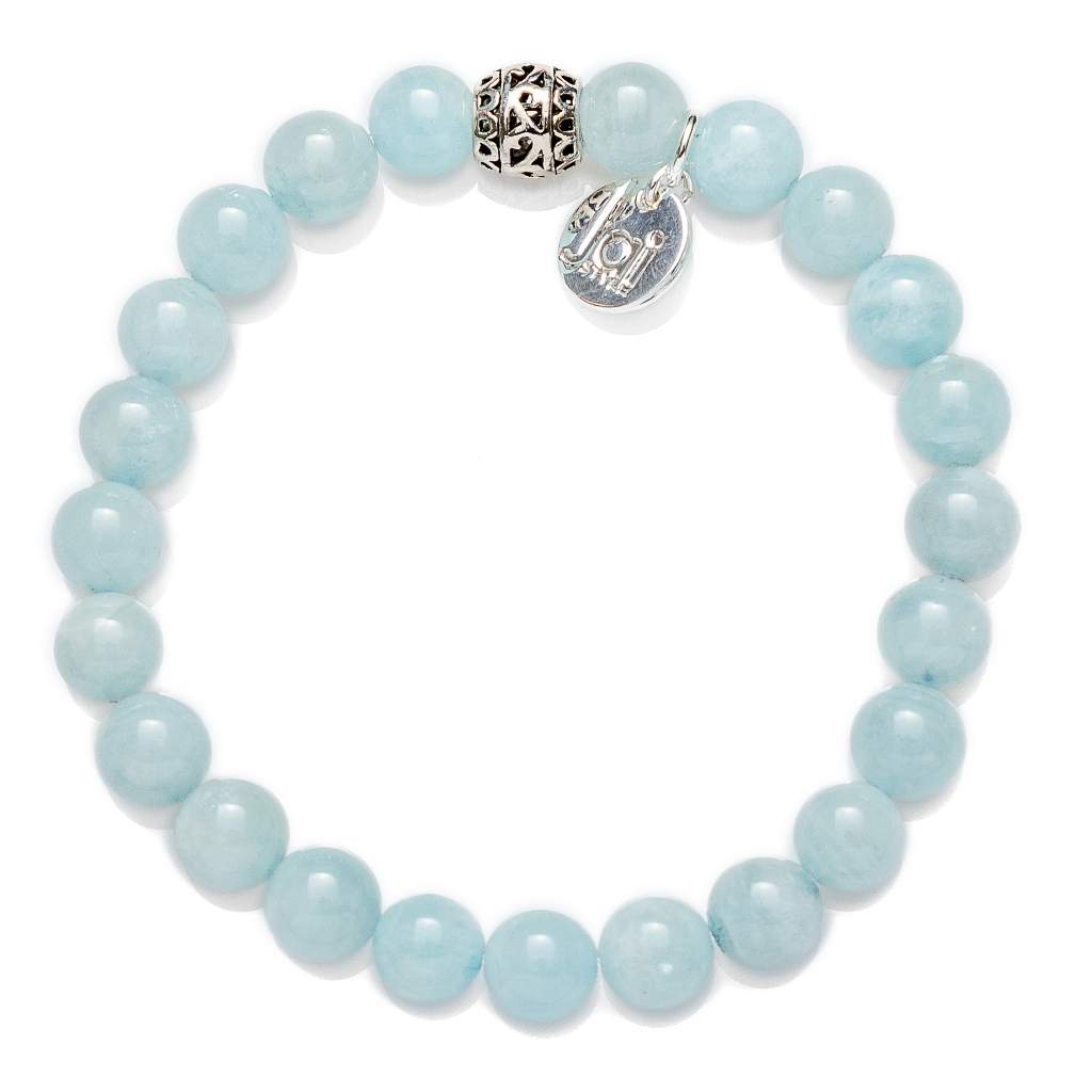 Beautiful 8mm polished aquamarine semi-precious stone bracelet with sterling silver ball bead and charm, stretch, measures 18.4 cm
