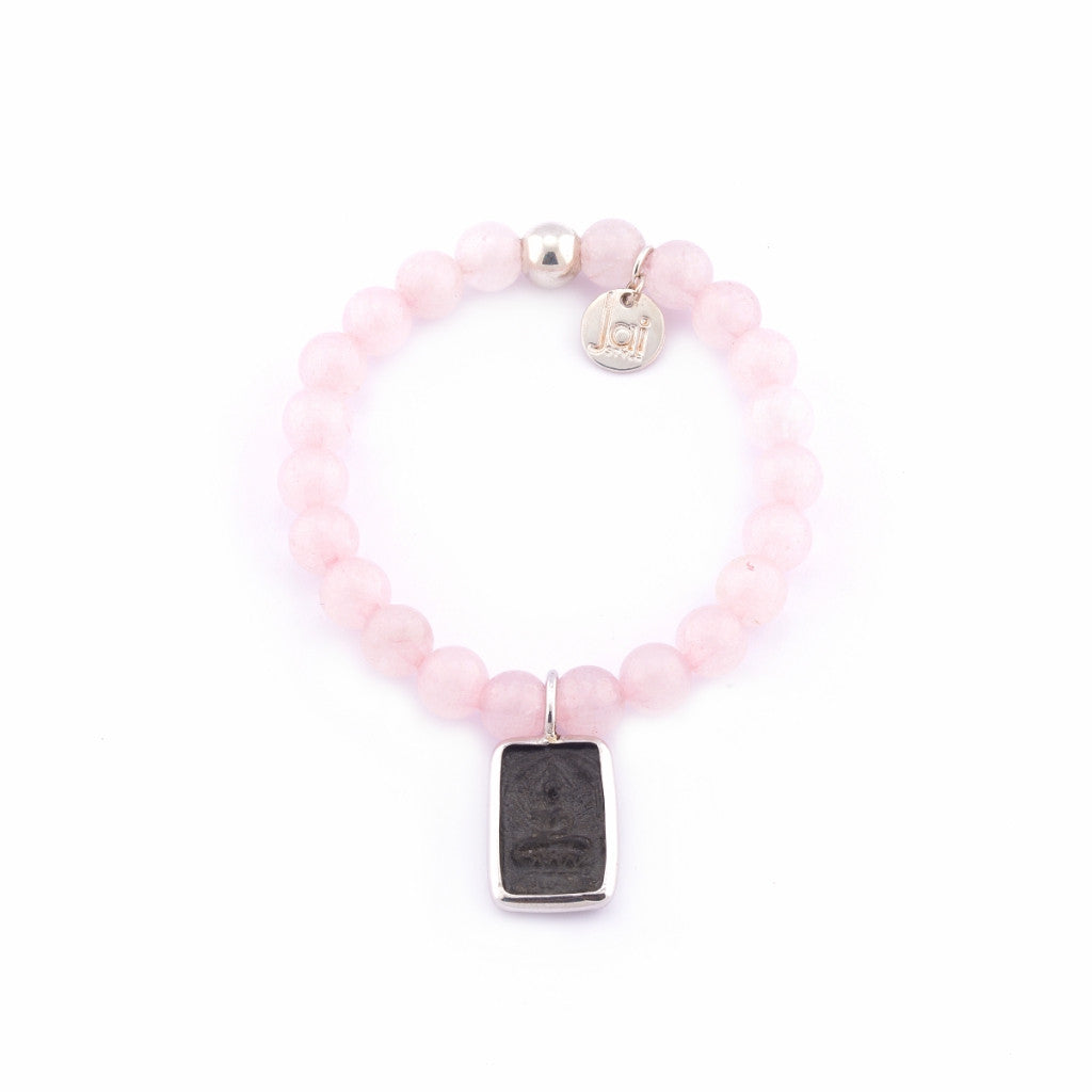 Jai Style Bracelet | Polished Rose Quartz Semi-Precious Stones with Sterling Silver Ball Bead and Authentic Thai Amulet