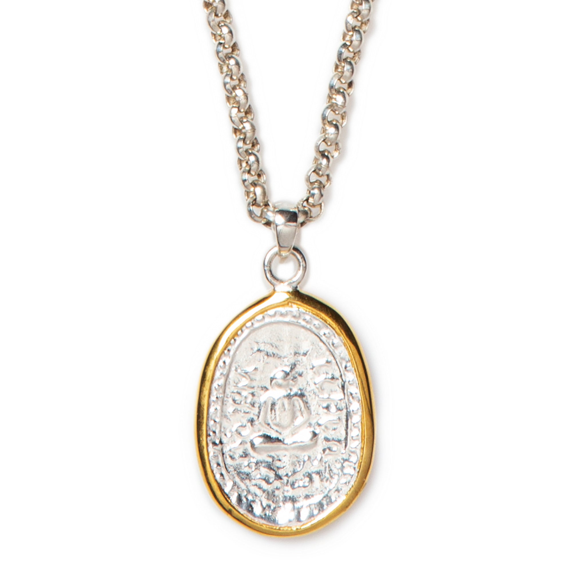Beautiful 18" sterling silver round box-link chain with 22K gold-wrapped sterling silver authentic Thai amulet pendant.