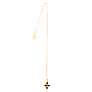 Beautiful flower pendant in faceted black spinel, 22K gold vermeil on gold small ball chain necklace with lobster clasp and hand-pressed Jai Style charm. Wear it for beauty and purpose. Spinel is a powerful healing stone; it is protective and grounding and helps you stay calm.
