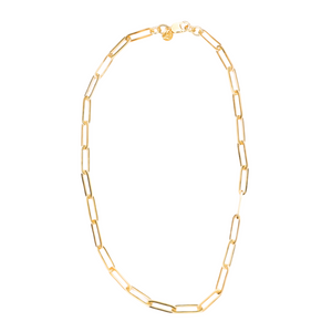 Jai Style simple, elegant, 24" handmade thick paper clip chain necklace in 22K gold vermeil with lobster clasp and hand-pressed Jai Style charm. Makes a bold style statement on its own and is perfect for layering.