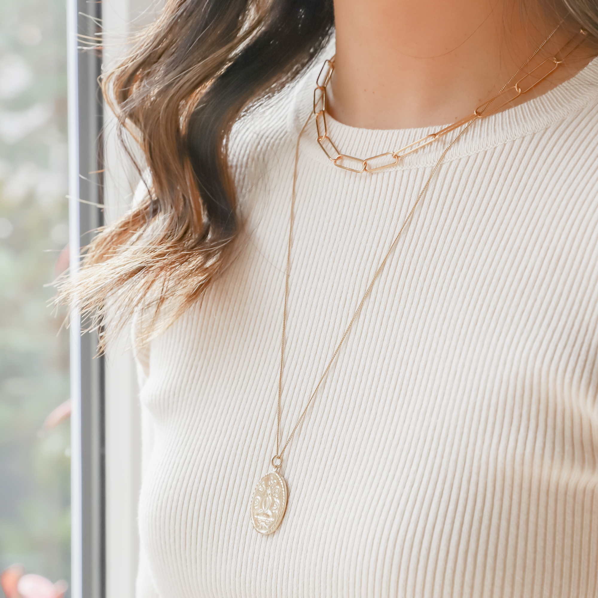 Simple, elegant, handmade fine paper clip chain necklace in 22K gold vermeil is 14.5" with 2" extender; features lobster clasp and hand-pressed Jai Style charm. Makes a bold style statement on its own and is perfect for layering.