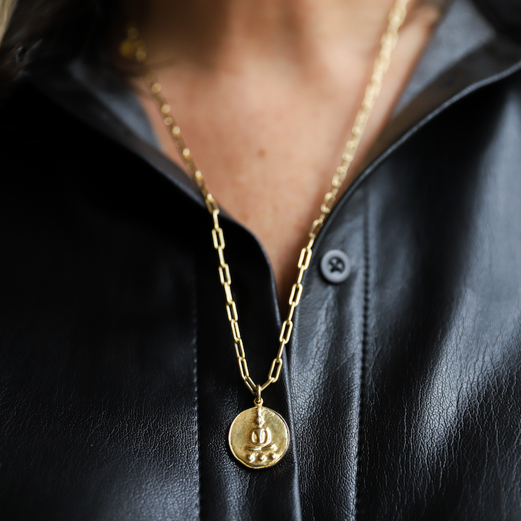 Beautiful traditional Thai amulet in 22K gold vermeil on 24" gold paper clip chain with lobster clasp and gold hand-pressed Jai Style charm. Wear it for beauty and purpose. Amulet features Buddha meditating in lotus position, inspiring mindfulness, purity, enlightenment, rebirth, and triumph over adversity.