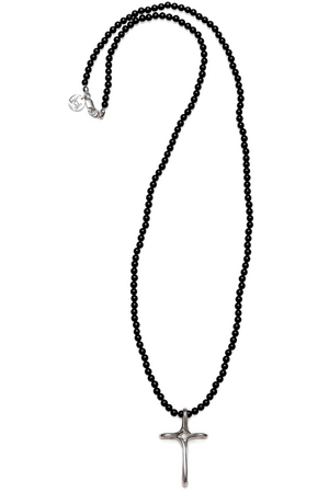 Beautiful 28" Jai Style necklace with 4mm matte black onyx semi-precious stones and sterling silver infinity cross