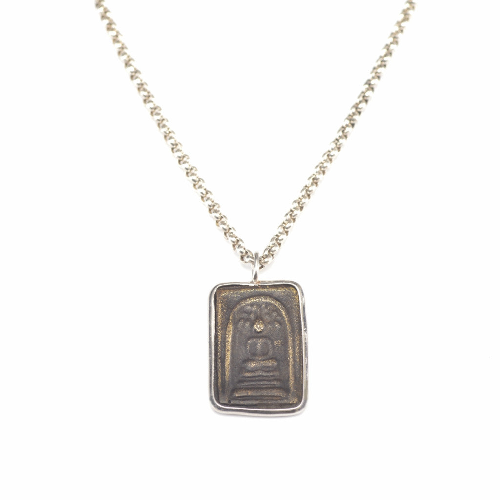 Jai Style Necklace | 30" Sterling Silver Round Box Link Chain with Authentic Thai Rectangle Amulet