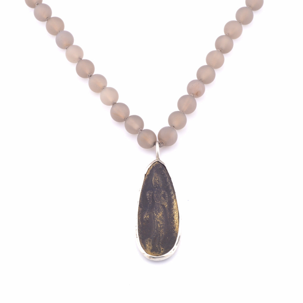 Jai Style Necklace | Matte Grey Moss Agate Semi-Precious Stones Hand-Knotted with Natural Silk Thread and Authentic Thai Teardrop Amulet