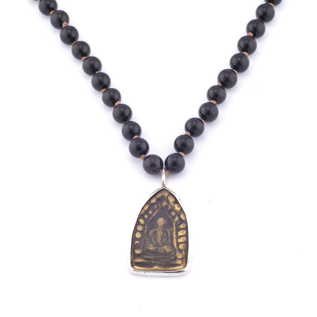 Jai Style Necklace | Polished Black Amazonite Semi-Precious Stones with Authentic Thai Paragon Amulet