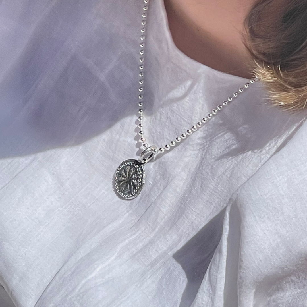 Jai Style simple, elegant 18" or 24" necklace with .925 sterling silver 3mm ball chain and handcrafted dharma wheel pendant.