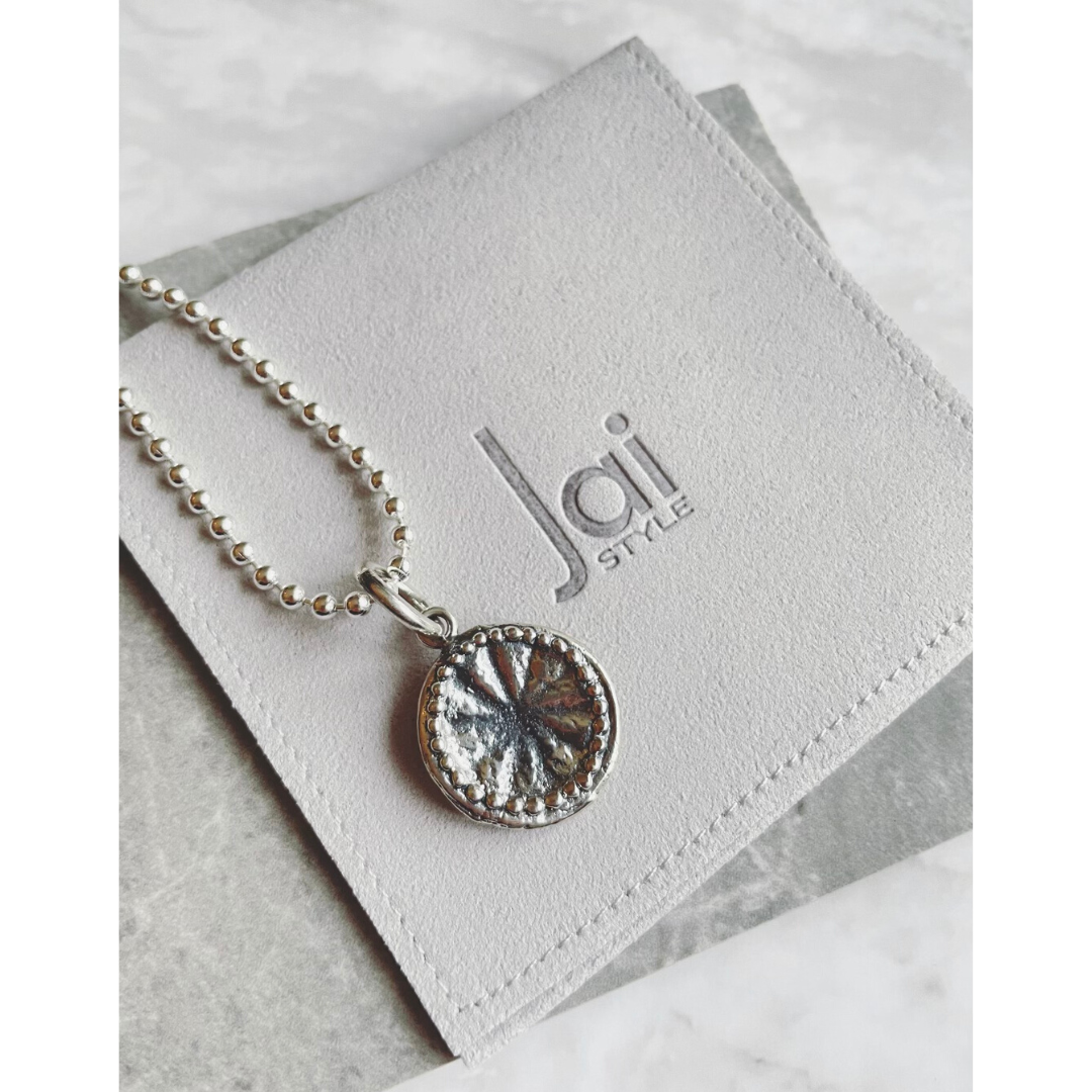 Jai Style simple, elegant 18" or 24" necklace with .925 sterling silver 3mm ball chain and handcrafted dharma wheel pendant.