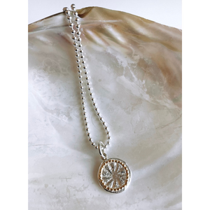 Jai Style simple, elegant 18" necklace is .925 sterling silver 3mm ball chain with custom handcrafted sterling silver and 22K gold dharma wheel pendant.