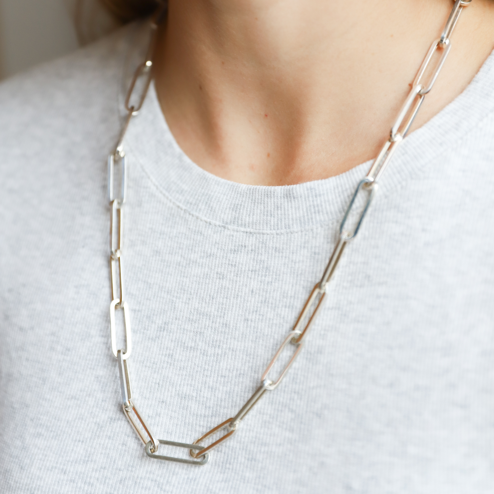 Jai Style simple, elegant, 24" handmade solid sterling silver paper clip chain necklace with Jai Style embossed charm.